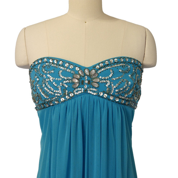 Vintage 90s Y2K Prom Dress Maxi Gown Size S M Blue Strapless Grecian Embellished - Picture 3 of 10